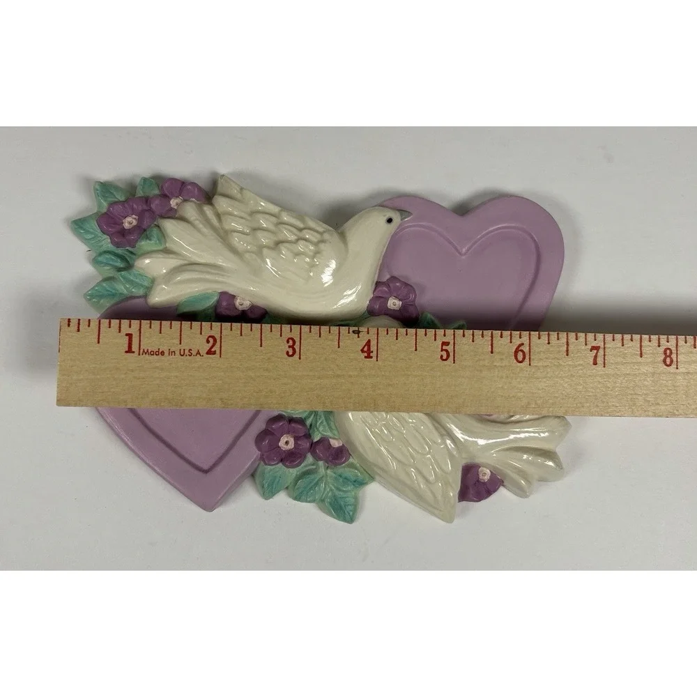 VTG Ceramic Pottery Hand Painted Love Birds Hearts Wall Plaque Purple 6